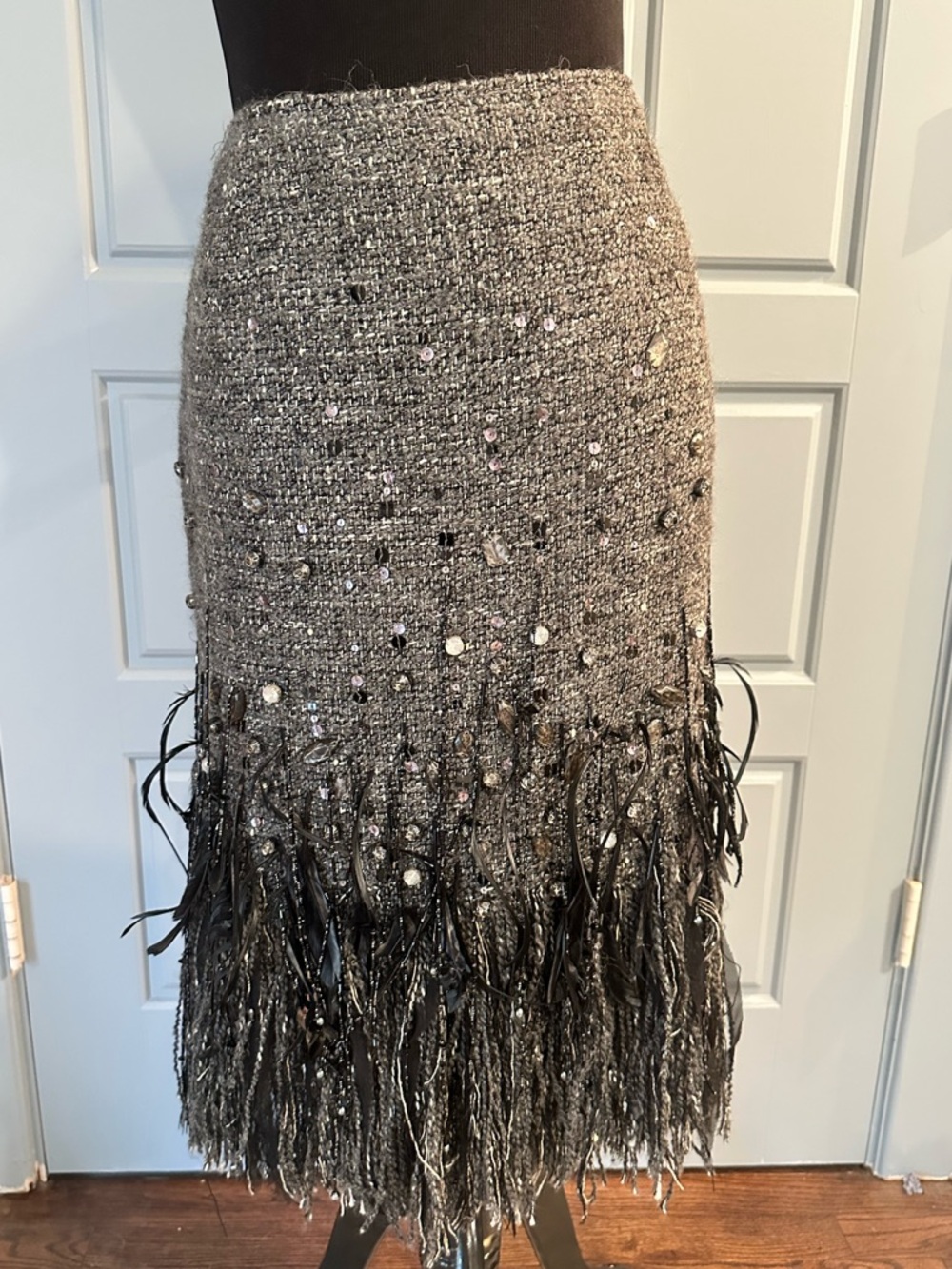 Lafayette 148 New York Beaded Feather Tweed Skirt- Size 16